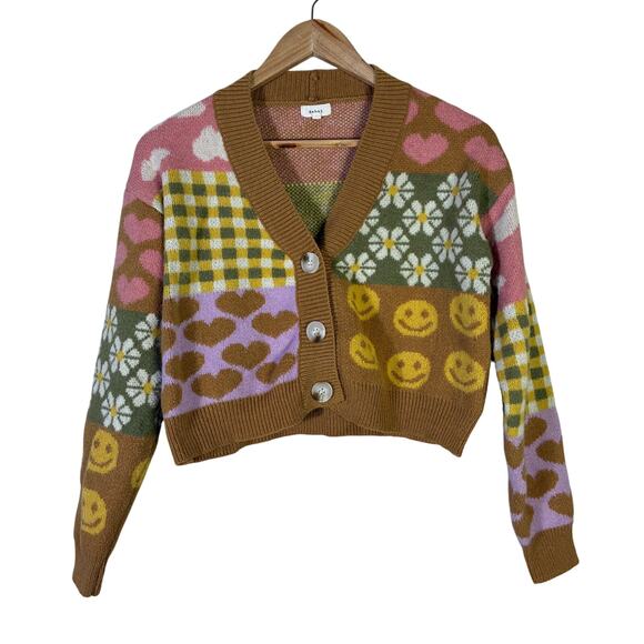 Debut Quirky Patchwork Cropped Cardigan Womens XS Brown Pink Retro Indie Whimsy - Picture 2 of 9